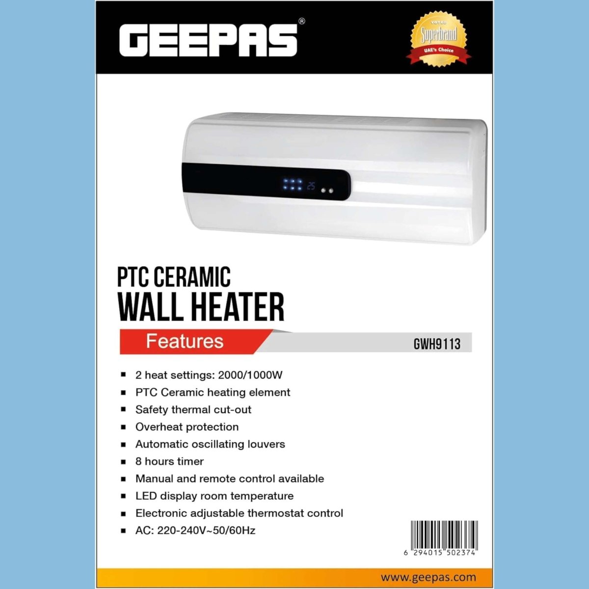 Geepas PTC Fan Heater - Adjustable Thermostat & Efficient Heating - GRHW