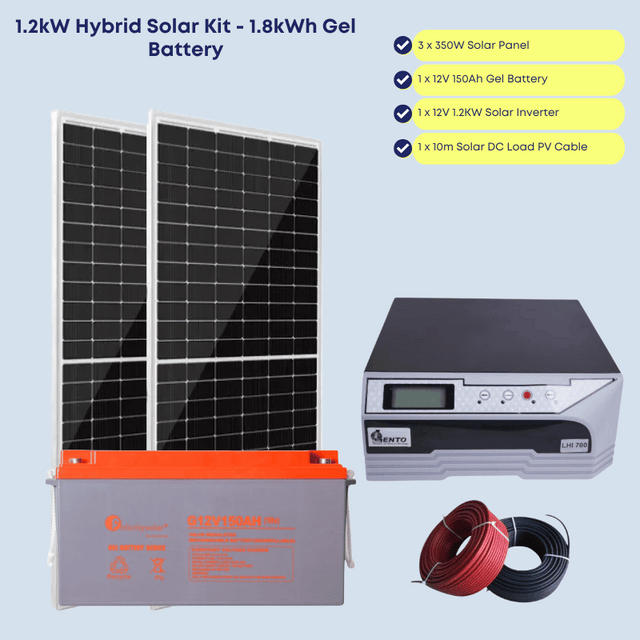 1.2kW Hybrid Solar System with 1.8kWh Gel Battery - Power your Freezer, TV, Laptop Charging, Phone Charging and Lighting