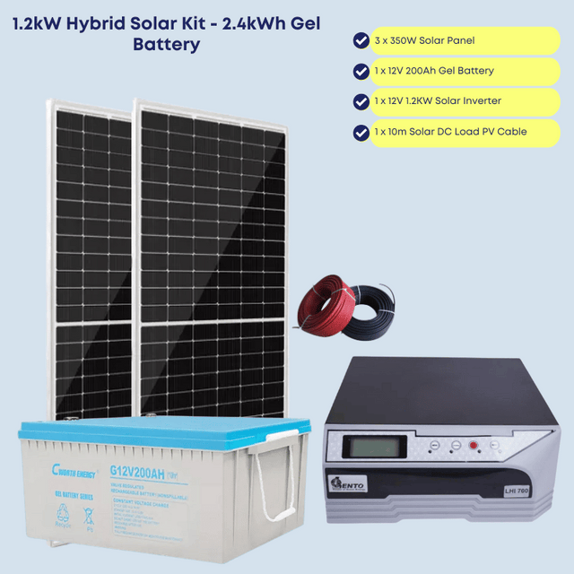 1.2kW Hybrid Solar System with 2.4kWh Gel Battery - Run upto 15 Bulbs, Fridge, TV, Laptop and Phone Charging for 8-12 hours