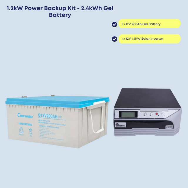 1.2kW Power Backup Kit with 2.4kWh Gel Battery - Run upto 15 Bulbs, Fridge, TV, Laptop and Phone Charging for 8-12 hours