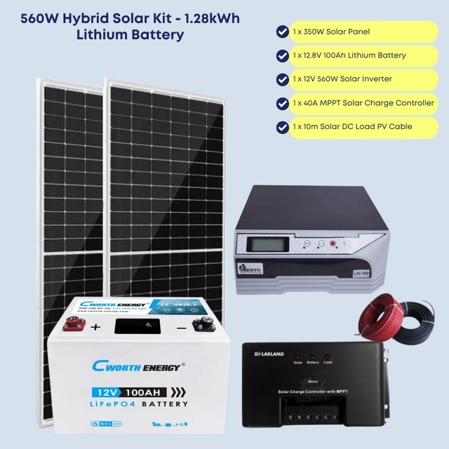 560W Hybrid Solar System with 1.28kWh Lithium Battery – Powers 6 Bulbs, 32" TV, Charging (Home/Shop Use)