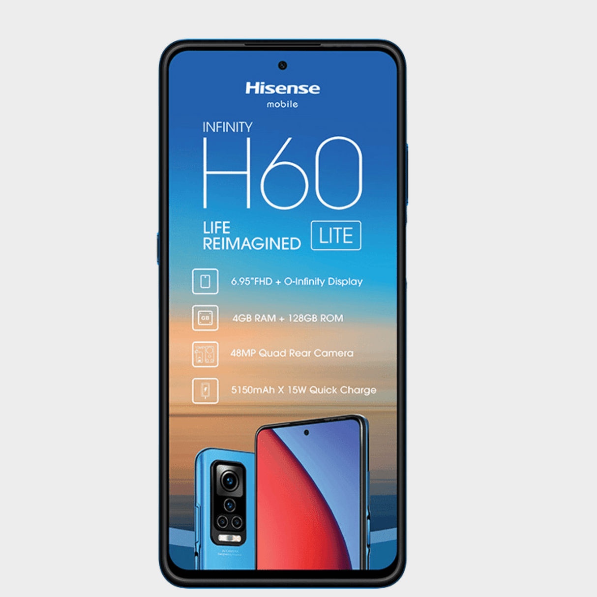 Hisense Infinity 6.95" Smart Phone, FHD+O-Infinity Display, 13MP Front Camera, 48MP Quad Rear Camera, Face /Fingerprint Unlock- H60 Lite