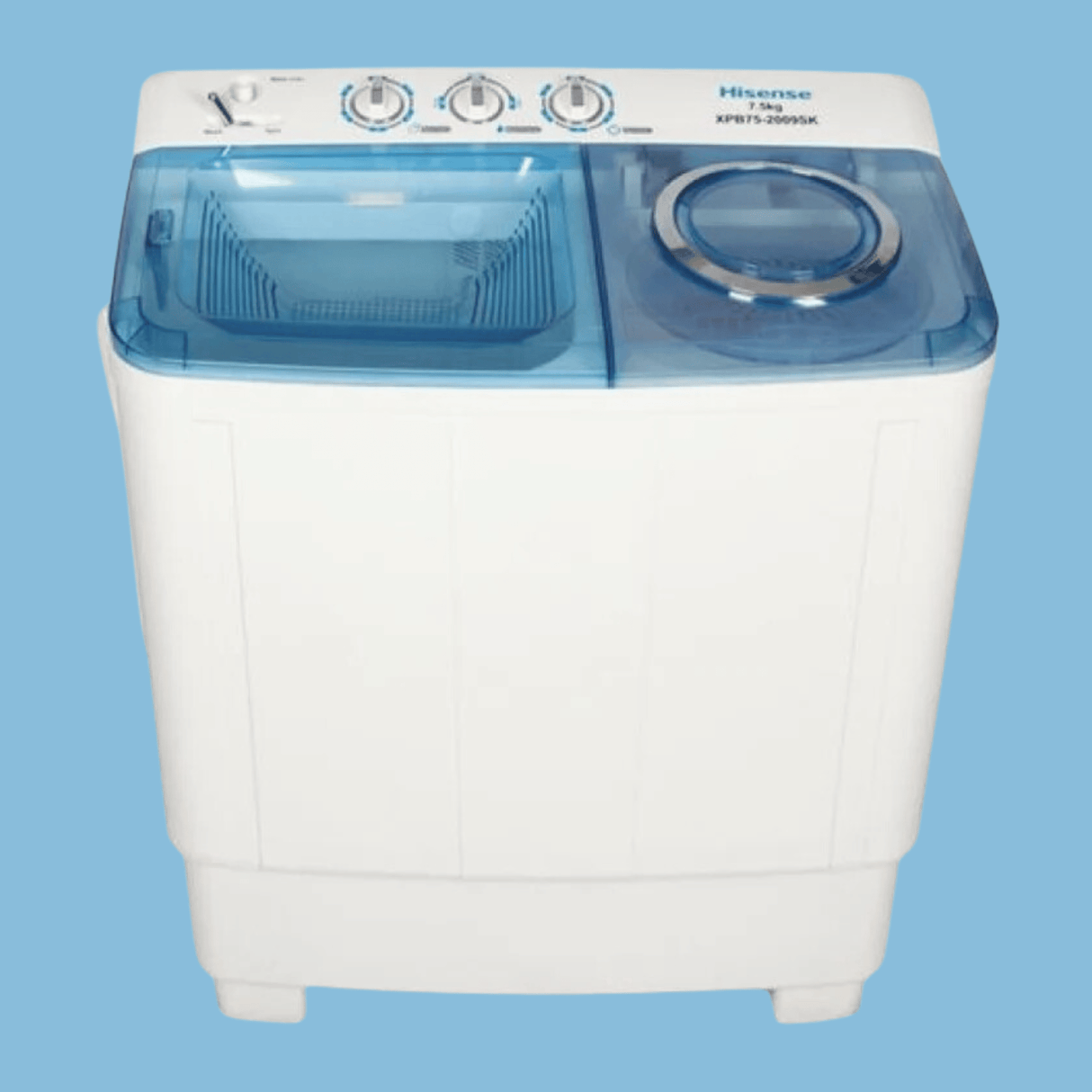Hisense 7.5KG Twin-tub Washing Machine features a 360W wash input power machine with a 7.5Kg washing capacity and 6Kg spin-dry capacity XPB75