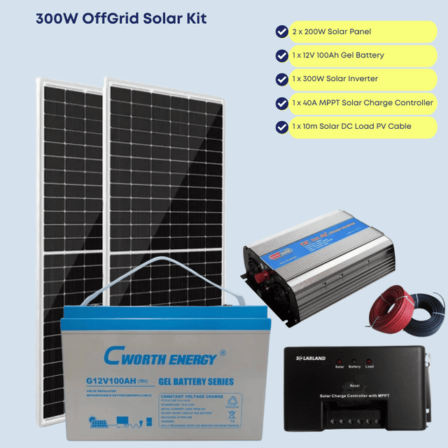 300W OffGrid Complete Solar Kit with 1.2kWh Gel Battery; Power upto 8 Bulbs, TV, Laptop and Phone Charging for 6 to 8 hours