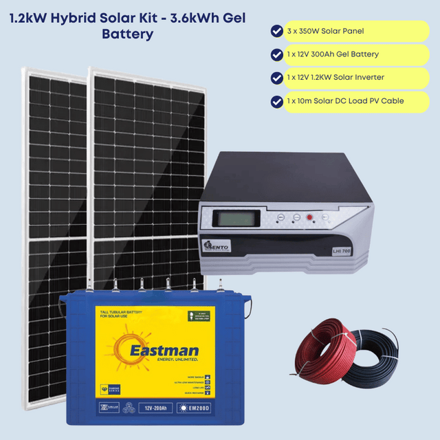 1.2kW Hybrid Solar System with 3.6kWh Gel Battery - Power 20 Bulbs, Fridge, TV, Home Theater, Fan, CCTV, Laptop and Phone Charging, Internet Router