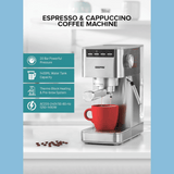 Geepas Espresso and Cappuccino Coffee Machine - 20 Bar Pressure Pump, E26 Platinum Series - GCM1415SS
