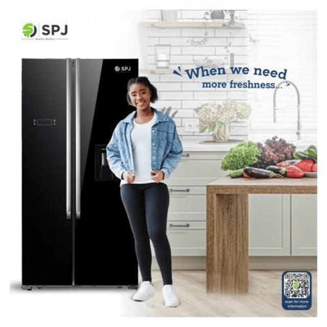 SPJ 719L Fridge, Side By Side Frost Free Refrigerator, Black Glass