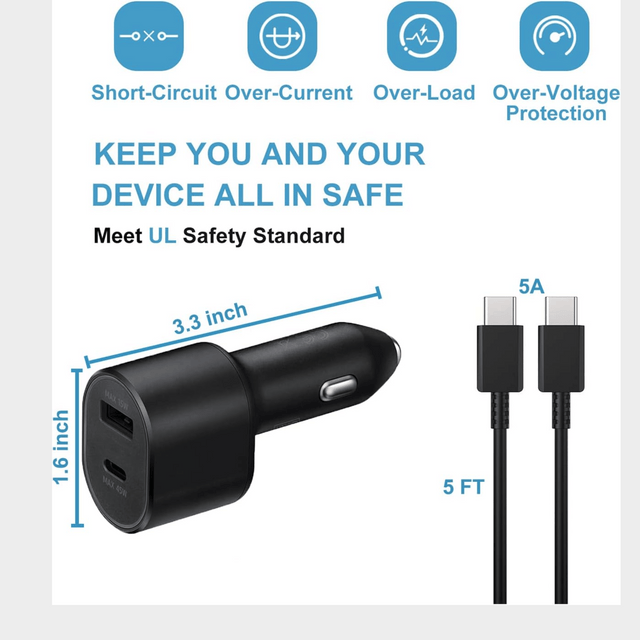 Samsung Car Charger – 45W USB-C to USB-C Fast Charging Adapter