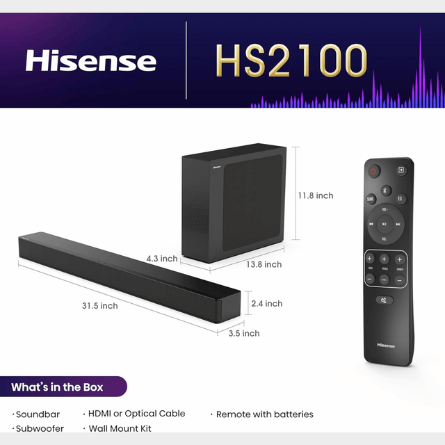Hisense 2.1 Soundbar with Wireless Subwoofer HS2100