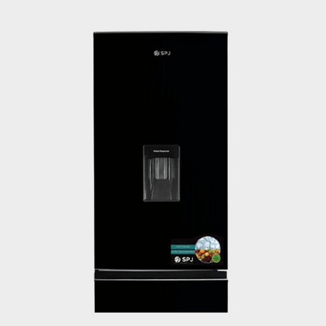 SPJ 429L Fridge, Bottom Mount Refrigerator with Dispenser Black Glass