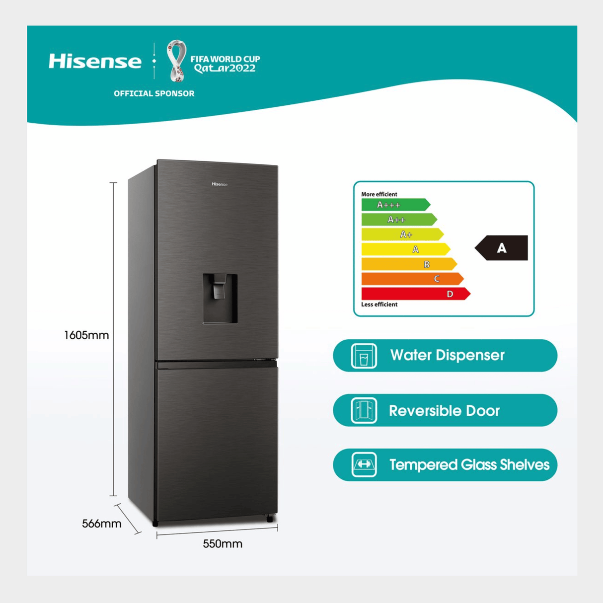 Hisense 222L Bottom Fridge Freezer With Water Dispenser – C