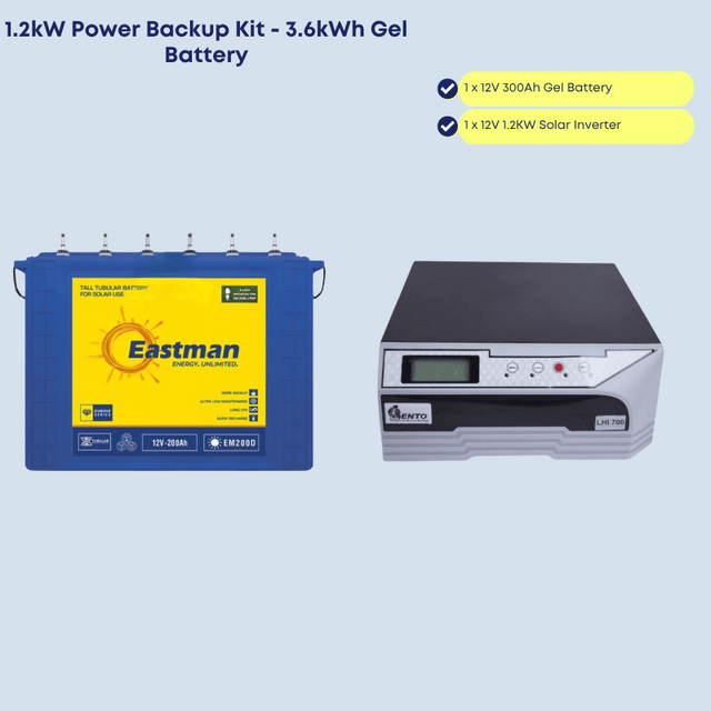 1.2kW Power Backup Kit with 3.6kWh Gel Battery - Power 20 Bulbs, Fridge, TV, Home Theater, Fan, CCTV, Laptop and Phone Charging, Internet Router