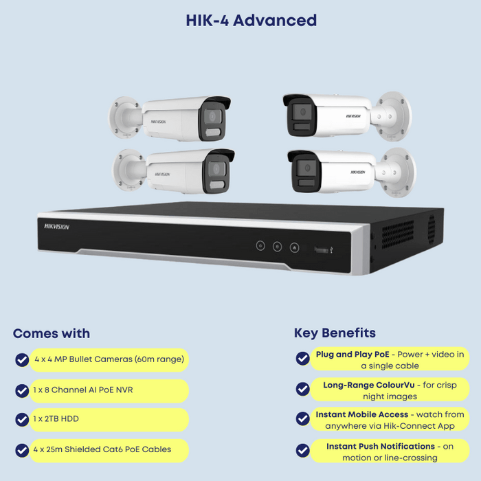 Hikvision 4MP 4-Camera Bullet CCTV Kit – 60m Night Vision, Smart Motion Detection, PoE Plug & Play