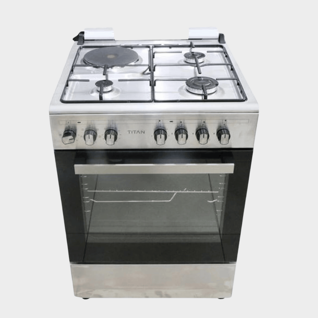 Titan 60x60cm Free Standing Cooker, 3 Gas Burners + 1 Electric Plate, Gas Oven & Grill – TN-FC6310XA – Silver