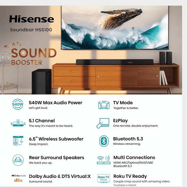 Hisense 3.1 Soundbar with Wireless Subwoofer HS5100