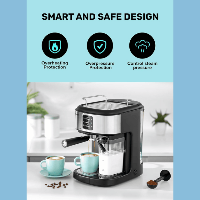 Geepas Espresso and Cappuccino Coffee Machine - 20 Bar Pressure Pump & Steam System - GCM1215SA
