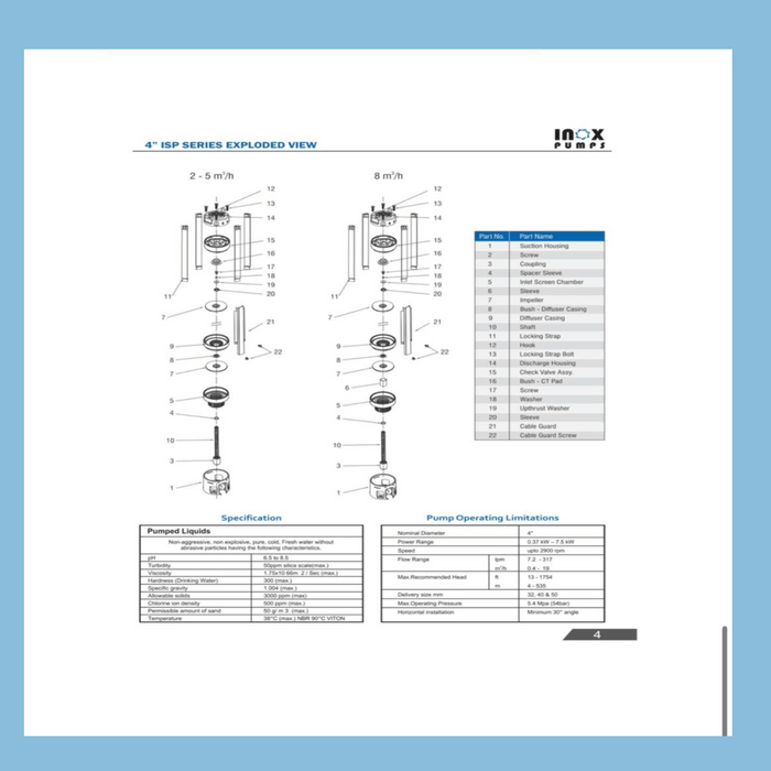 Inox ISP - 8/44, 4" Submersible Pump, Flow Q-8m3/hr, H-185m - KWT Tech Mart Uganda