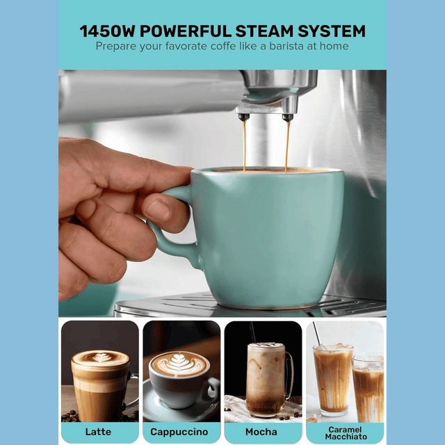 Geepas Espresso and Cappuccino Coffee Machine - 20 Bar Pressure Pump, E26 Platinum Series - GCM1415SS