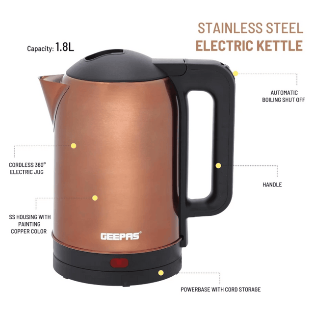 Geepas Stainless Steel Electric Kettle 1.8L - Fast Boiling Kettle - GK38053