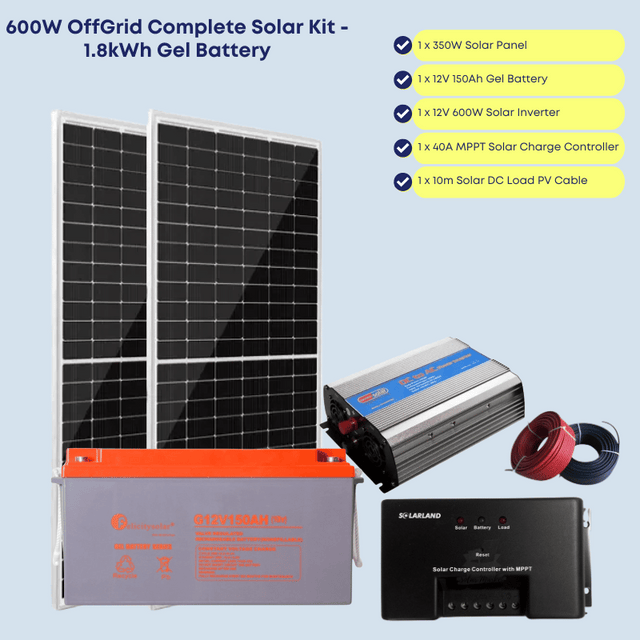 600W OffGrid Complete Solar Kit with 1.8kWh Gel Battery; power upto 12 Bulbs, Woofer(Music), TV, Laptop and Phone Charging for 6-12 hours
