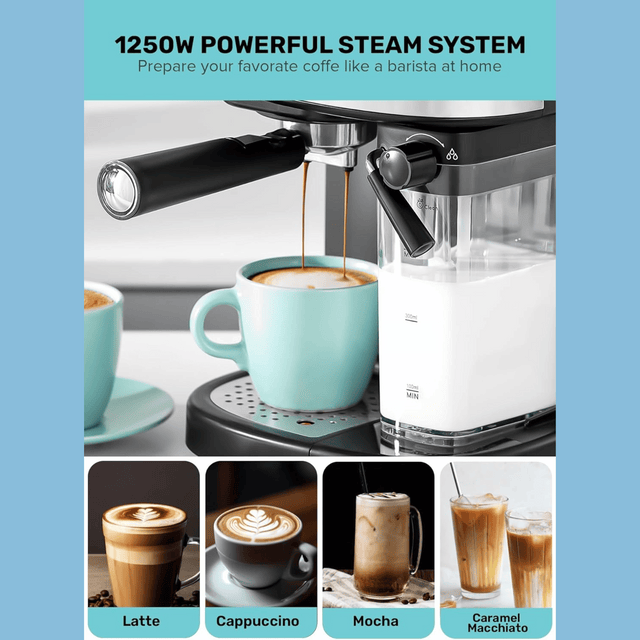 Geepas Espresso and Cappuccino Coffee Machine - 20 Bar Pressure Pump & Steam System - GCM1215SA