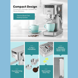 Geepas Espresso and Cappuccino Coffee Machine - 20 Bar Pressure Pump, E26 Platinum Series - GCM1415SS