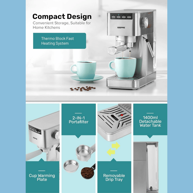 Geepas Espresso and Cappuccino Coffee Machine - 20 Bar Pressure Pump, E26 Platinum Series - GCM1415SS
