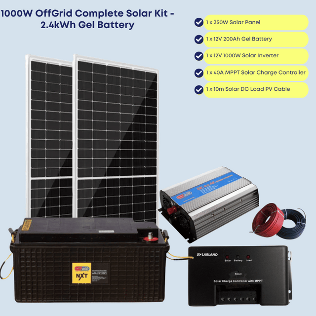 1000W OffGrid Complete Solar Kit with 2.4kWh Gel Battery; power upto 12 Bulbs, Woofer(Music), TV, Fridge, Laptop and Phone Charging for 9-14 hours
