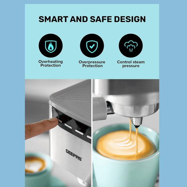 Geepas Espresso and Cappuccino Coffee Machine - 20 Bar Pressure Pump, E26 Platinum Series - GCM1415SS