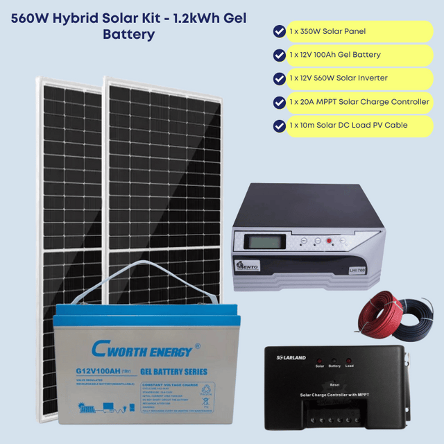 560W Hybrid Solar Kit with 1.2kWh Gel Battery - Run upto 4 Bulbs, TV, Laptop and Phone Charging for 6-8 hours