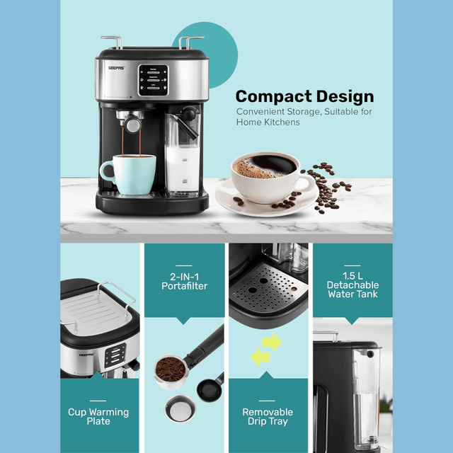Geepas Espresso and Cappuccino Coffee Machine - 20 Bar Pressure Pump & Steam System - GCM1215SA