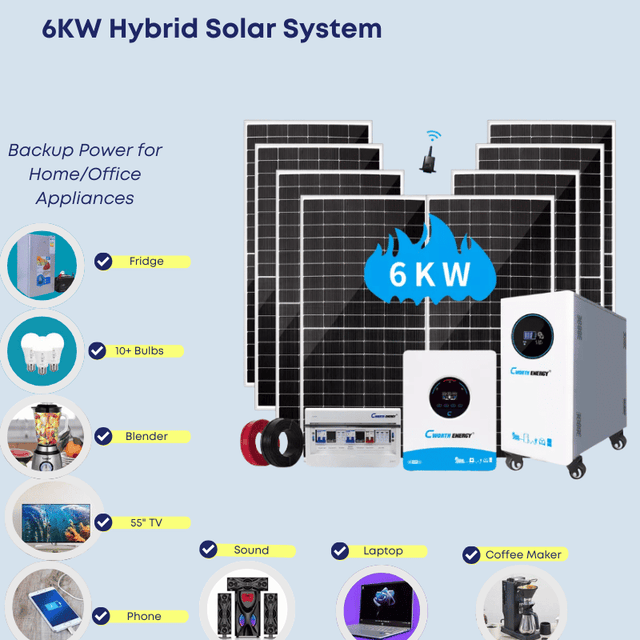 6kW Hybrid Solar System with 10kWh Lithium Battery – Powers 10+ Bulbs, 55" TV, Fridge, Blender (Home/Office Setup)