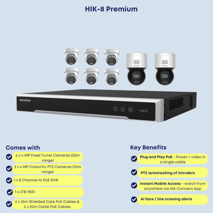 Hikvision 8-Camera 4MP AI CCTV Kit – 6 Turret + 2 PTZ, 30m Night Vision, PoE NVR, Auto-Tracking