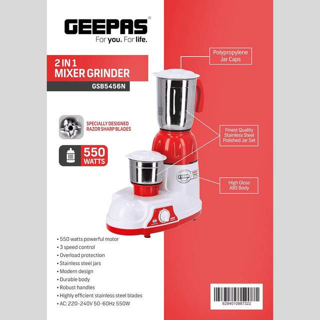 Geepas 2-in-1 Mixer Grinder 550W GSB5456