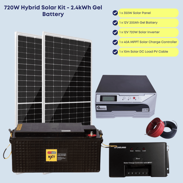 720W Hybrid Solar System with 2.4kWh Gel Battery - Run upto 8 Bulbs, TV, Laptop, Woofer (Music) and Phone Charging for 6-8 hours