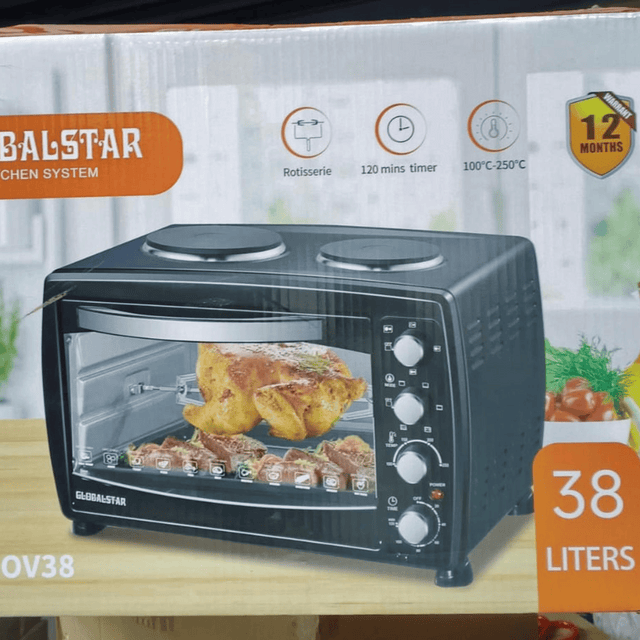 Globalstar 38L Oven with Rotisserie & Double Hot Plate - 120 Min Timer, GS-OV38
