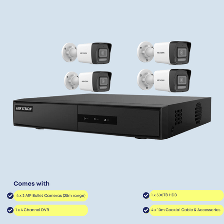 Hikvision 4-Camera CCTV Kit – 2MP Smart Hybrid Bullet Cameras, 25 m Night Vision, App Alerts