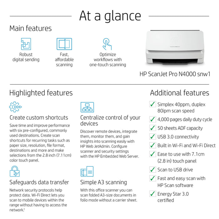 HP ScanJet Pro N4000 snw1 Sheet-feed Scanner (6FW08A)  - KWT Tech Mart