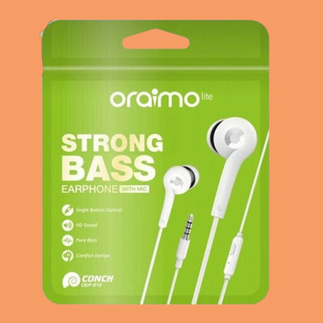 Oraimo OEP-E10 Strong Bass Earphones With Mic – White - KWT Tech Mart