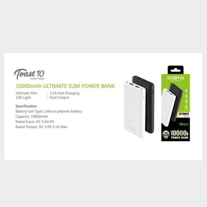 Oraimo Toast 10 10,000mAh Slim Fast Charging Power Bank – Black - KWT Tech Mart