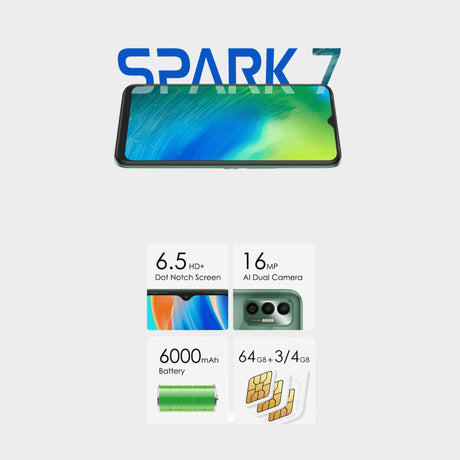 Tecno Spark 7 – 6.5″ 2GB RAM 32GB ROM 16MP 5000mAh – Black - KWT Tech Mart