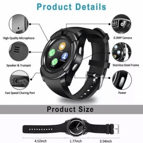 V8 Round Screen Bluetooth Smart Watch With Sim Toolkit - KWT Tech Mart