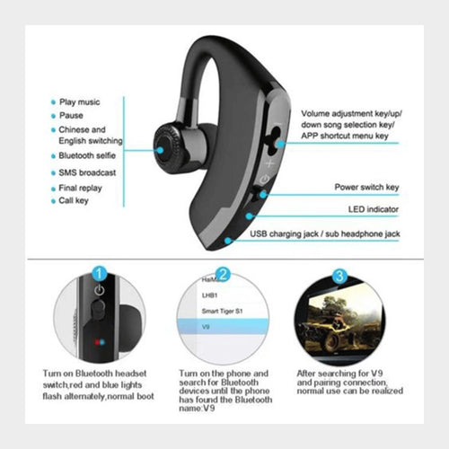 V9 Earhook Wireless Bluetooth Earphones, CSR Noise Cancelling Headset - KWT Tech Mart