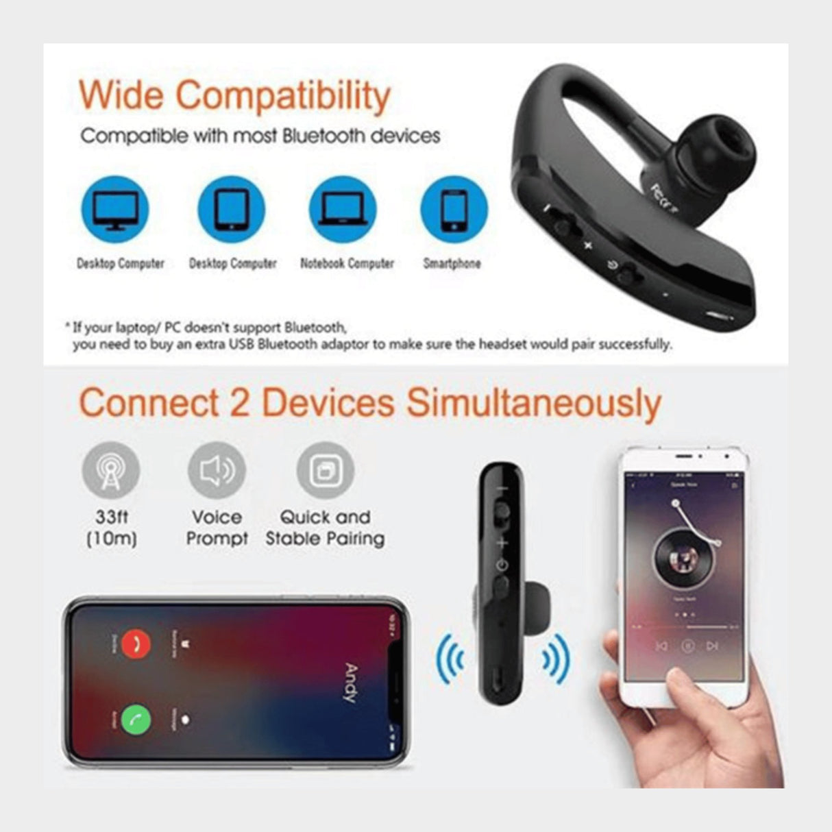 V9 Earhook Wireless Bluetooth Earphones, CSR Noise Cancelling Headset - KWT Tech Mart